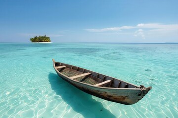 Naklejka premium A serene wooden boat floats on clear turquoise waters with a small island in the distance under a bright blue sky.