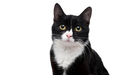 Closeup portrait happy tuxedo cat sitting isolated on white background. 