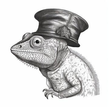 recommend clip art: Black and white Vintage engraved art of a chameleon with a beret, isolated on white background, ink sketch illustration, simple vector art design, highly detailed line art, high contrasty.