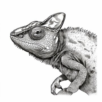 recommend clip art: Black and white Vintage engraved art of a chameleon portrait isolated on white background, ink sketch illustration, simple vector art design, highly detailed line art, high contrasty. 