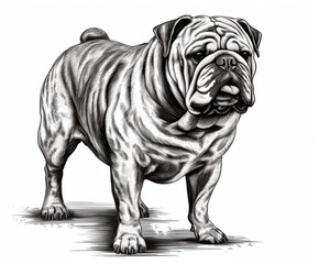 Black and white Vintage engraved art of a Bulldog isolated on white background, ink sketch illustration, simple vector art design, highly detailed line art, high contrasty 