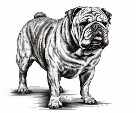 recommend clip art: Black and white Vintage engraved art of a Bulldog isolated on white background, ink sketch illustration, simple vector art design, highly detailed line art, high contrasty 