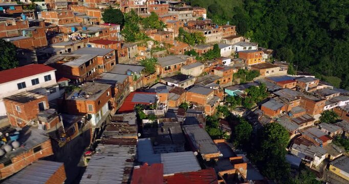 Aerial View Of Hillside Shanty Town Near Caracas City In Venezuela.