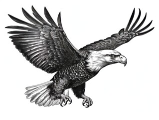 Fototapeta premium Black and white Vintage engraved art of a bald eagle isolated on white background, ink sketch illustration, simple vector art design, highly detailed line art, high contrast 