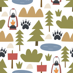 Seamless pattern with camping elements. Colorful vector flat style. hand drawing. design for fabric, print, wrapper, textile