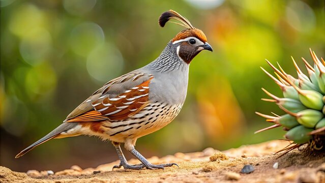 Pretty Gambel's Quail with distinctive plumage and crest standing in natural habitat, Gambel's Quail, pretty, bird, wildlife