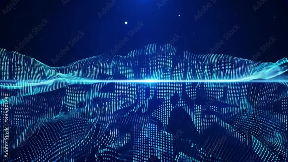 Poster Blue digital landscape with glowing lines and particles on a dark blue background. Small glowing dots form a wavy pattern, arranged in rows and columns, appearing to move slowly