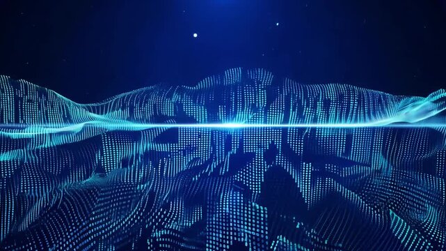 Blue digital landscape with glowing lines and particles on a dark blue background. Small glowing dots form a wavy pattern, arranged in rows and columns, appearing to move slowly