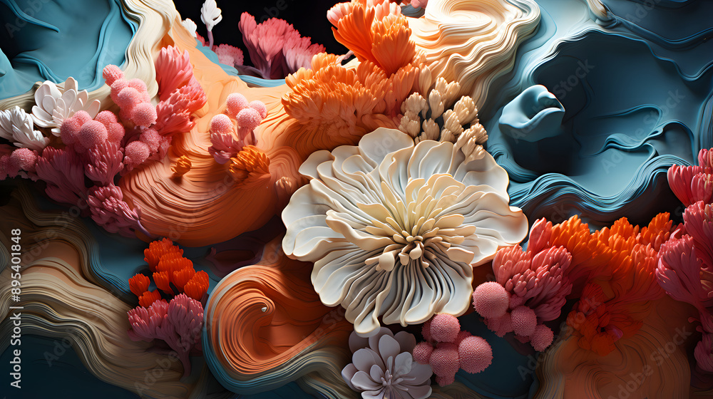Poster abstract 3d artwork with colorful, layered textures resembling flowers and corals. the design featur