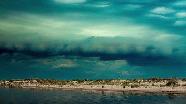 Timelapse massive storm clouds rolling onto sand shore with calm river