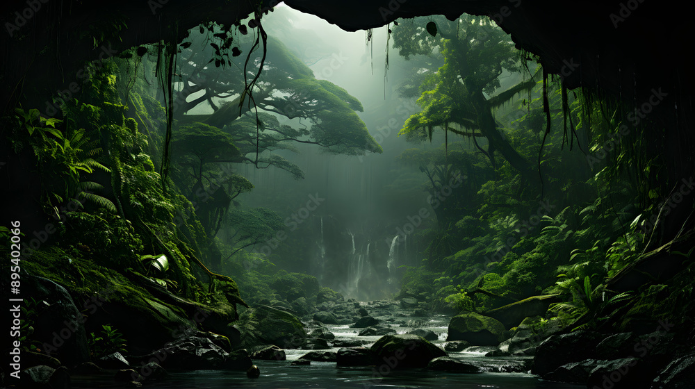 Poster a lush, green jungle scene with a waterfall cascading down a moss-covered cliff into a shallow strea