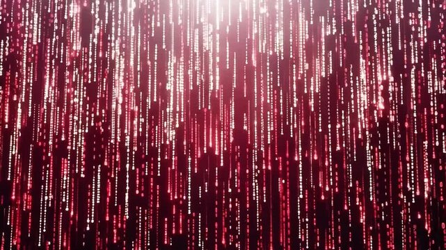 A dark background with red binary code raining down from the top of the frame.