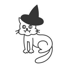 Creepy Cat in Witch Hat Doodle. Halloween mysterious symbol. Spooky animal line art. Isolated vector illustration