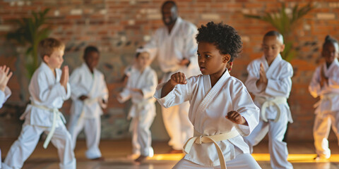 Group of african kids in karate training class, wearing white uniforms and practicing karate moves.