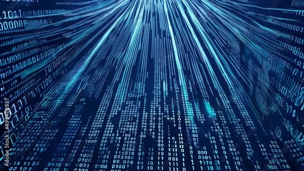 Poster A digital data stream of binary code in blue and white flows down towards the viewer on a dark blue background.