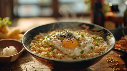 a bowl of rice with an egg and some vegetables