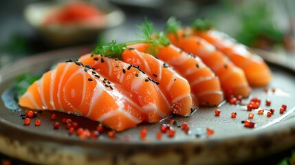 three pieces of salmon on a plate with pepper