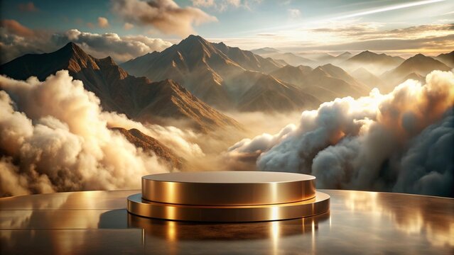 A bronze podium set against a dramatic mountainous landscape with rolling clouds and soft light, providing a stunning and adventurous setting for cosmetic displays.