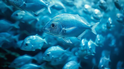 Naklejka premium A large school of small, brightly blue fish swimming in unison.