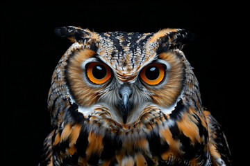 Fototapeta premium Portrait of An owl with an isolated black background