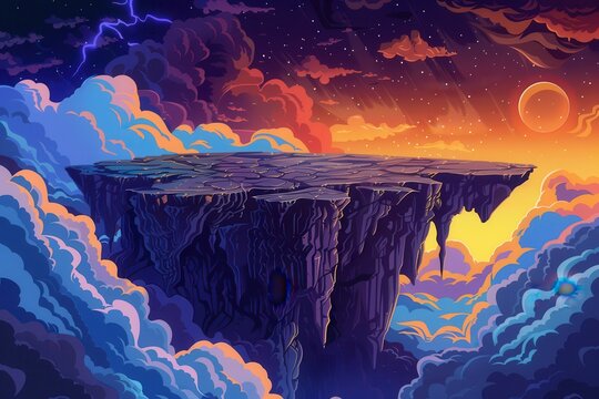 Mystical floating island with stormy sky and vibrant cloudscape