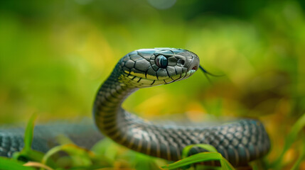 Obraz premium Black Mamba snake with long and slender body, African grassland background, Ai generated Images