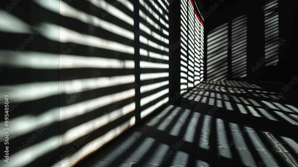 Poster sunlit stripes casting shadows on a wall, creating a dramatic and geometric pattern in a minimalist 