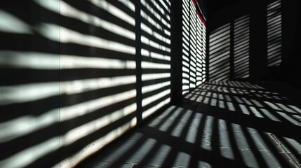 Naklejka premium Sunlit stripes casting shadows on a wall, creating a dramatic and geometric pattern in a minimalist setting.