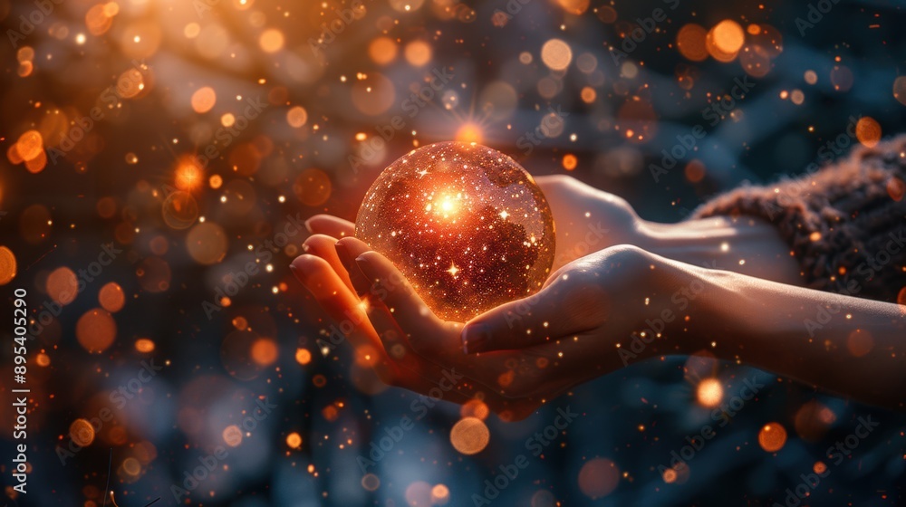 Poster close-up of hands gently holding a sparkling globe of light, creating a magical and enchanting atmos