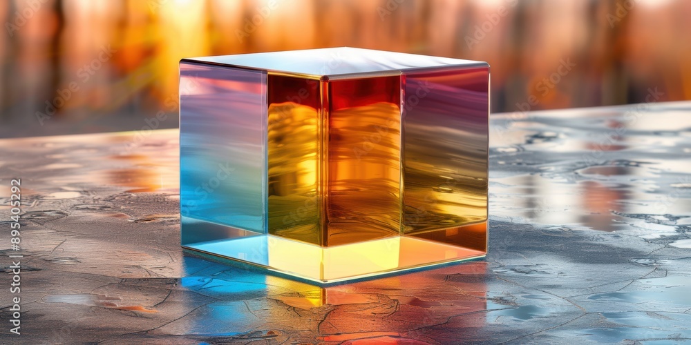 Poster a multi-colored reflective cube sits on a textured surface, capturing light and reflections in a vis
