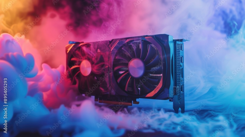 Poster a high-tech graphics card set against a backdrop of colorful smoke, highlighting advanced computer h