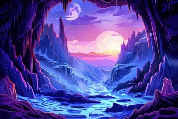 Fototapeta premium Mystical landscape with glowing moon and river flowing through icy mountains