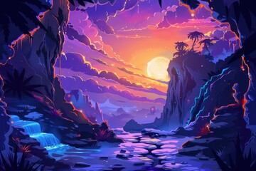 Fototapeta premium Mystical moonlit jungle landscape with waterfalls and ruins