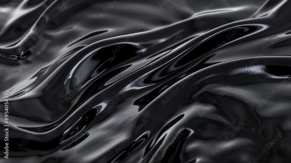 Poster a close-up of glossy black liquid with fluid waves, creating a sleek and abstract visual effect.