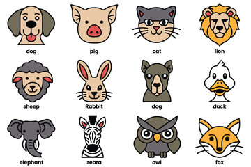 Set of various animal icons in line style
