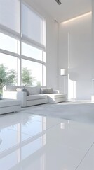Fototapeta premium A large white living room with a couch and a lamp