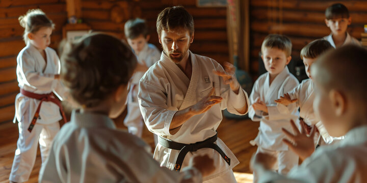 caucasian group of children in karate uniform training with a sensei in a dojo.