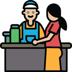 Cashier staff with customers in line icon style