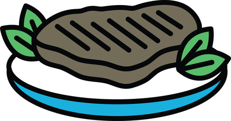 Steak served on a plate in line icon style