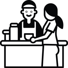 Cashier staff with customers in line icon style