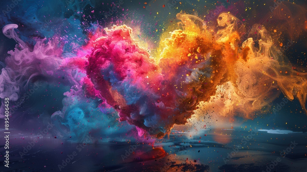 Poster a vibrant heart-shaped explosion of colors in abstract art, showcasing dynamic and vivid visual effe