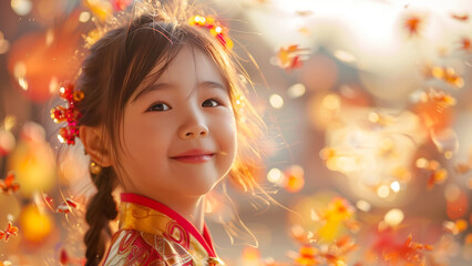 Fototapeta premium Young girl dressed in traditional Chinese with smiles warmly, surrounded by festive golden and red decorations