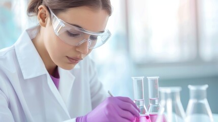 Fototapeta premium A woman in a lab coat is writing in a lab with various beakers and test tubes