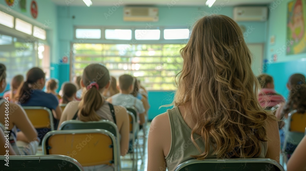 Poster students seated in a classroom, attentively listening to a lecture, representing education and learn