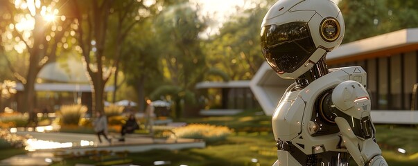 Fototapeta premium Futuristic Robot in a Modern Park Setting with Sunlight Filtering Through Trees