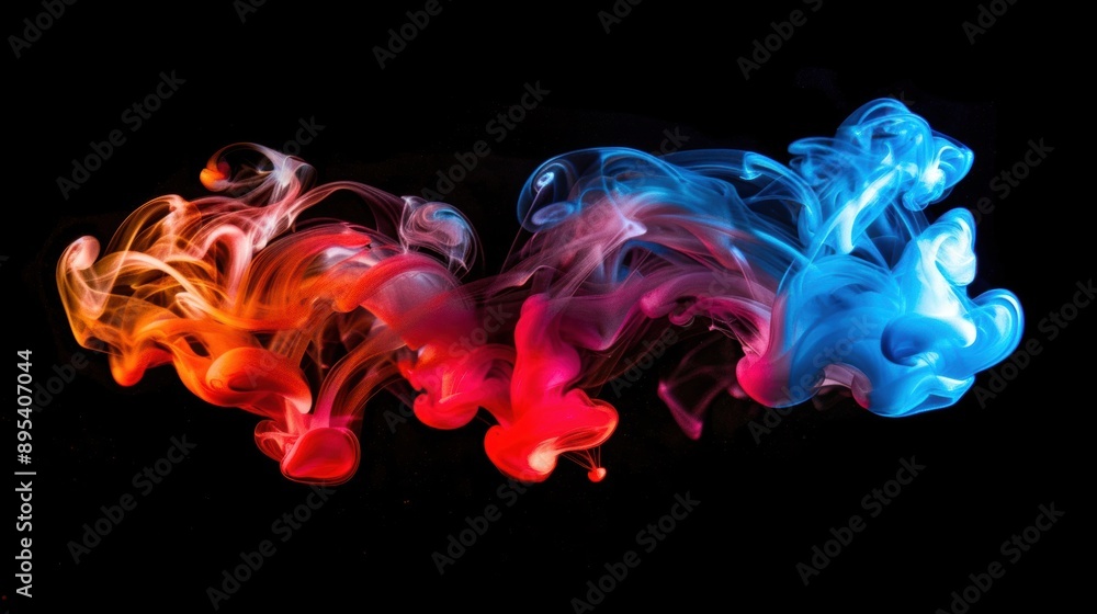 Poster vibrant red, orange, and blue ink swirls dynamically against a dark background, creating a mesmerizi