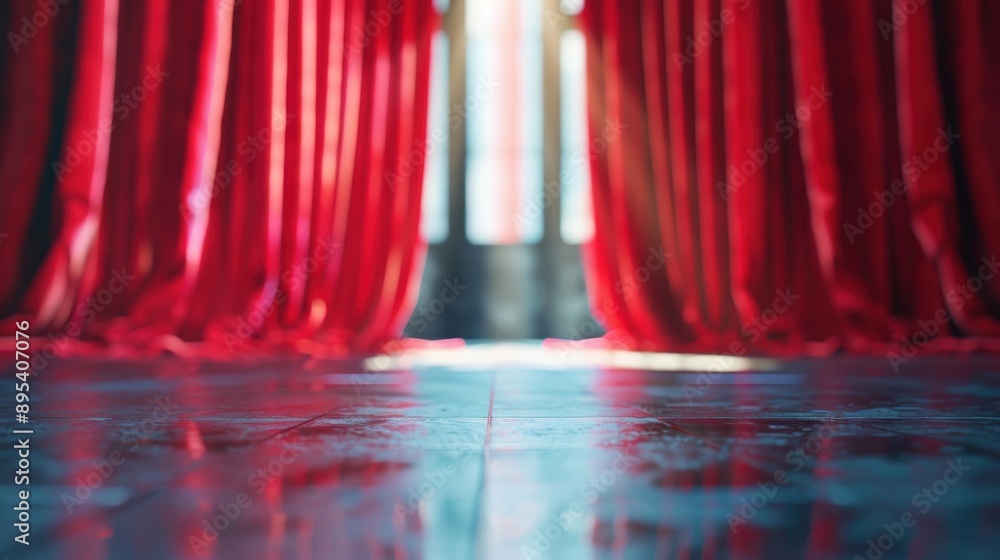 Poster elegant red theater curtains in soft focus, creating a dramatic and inviting atmosphere, with light 