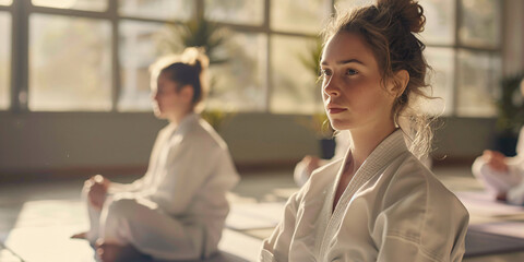 caucasian young woman in a white kimono sits in meditation during a martial arts class, demonstrating focus and discipline.