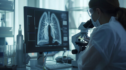 Medical professional examines damaged lung tissue through microscope in laboratory setting with lung images displayed on computer screen, lung cancer awareness day