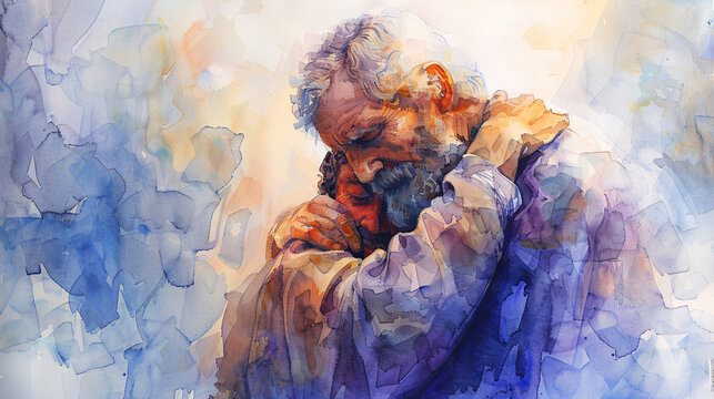 A watercolor painting of a father embracing his prodigal son returning home, depicting themes of love, forgiveness, and reconciliation. It can be used for religious or spiritual purposes.
